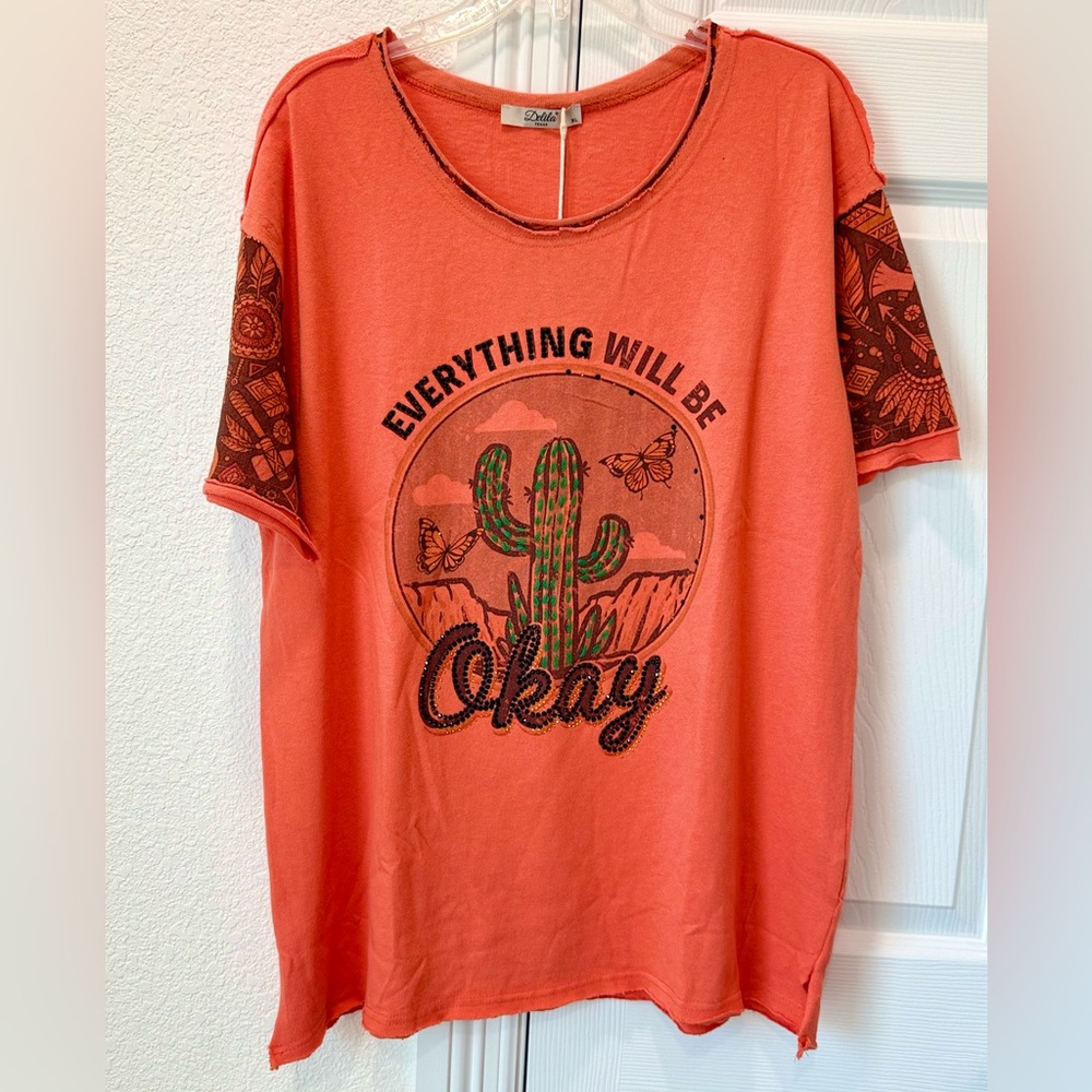 Delila Texas Orange Graphic Short Sleeve Tee "NWT"